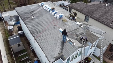 Aerial view: commercial roof work in progress